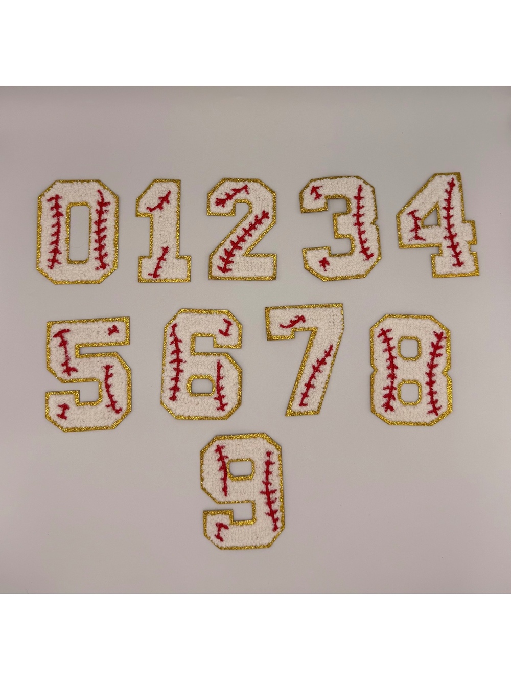 Baseball Chenille Number Patches 0-9 White Red Gold Glitter 3 Inch Set